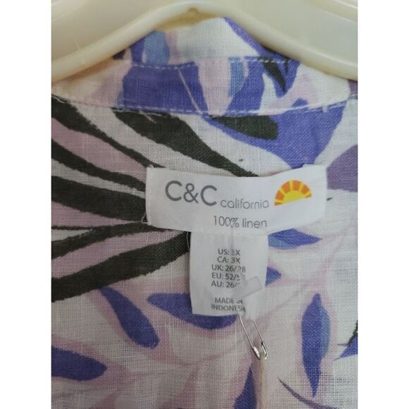 NWT C&C California Lavender Purple Print 100% Linen Pop Over Blouse size 3X - Picture 8 of 12